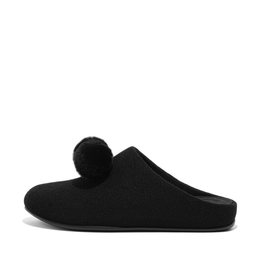 Fitflop Chrissie Pom-pom Filzpantoffeln Ganz In Schwarz