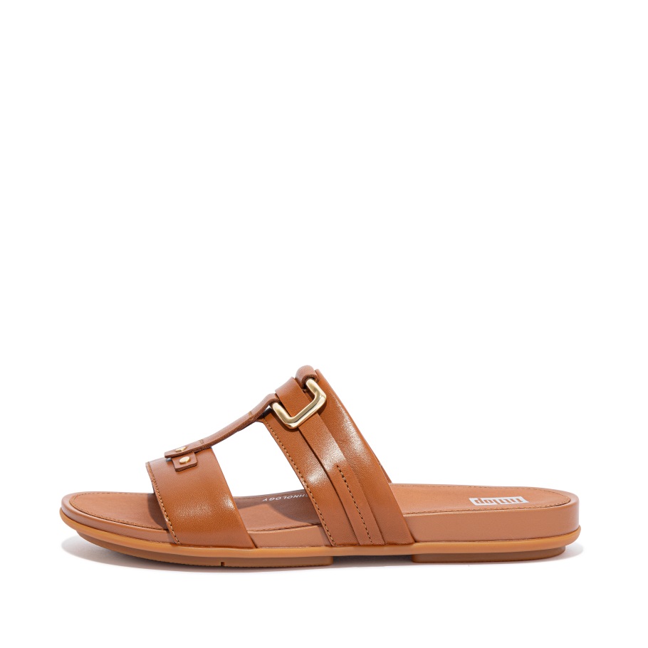 Hellbraune Pantoletten Aus Leder Mit Nieten Von Fitflop Gracie