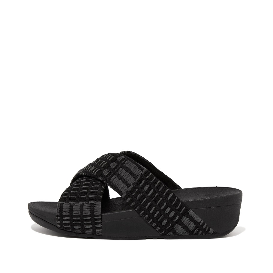 Fitflop Lulu Art-Denim Cross Slides Ganz In Schwarz